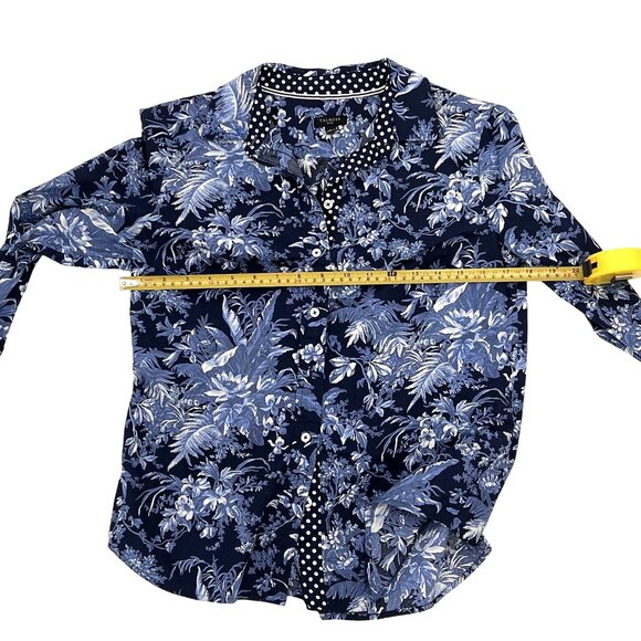 Talbots Womens Sm Petite Floral Button-Up Shirt Contrast Collar Navy Periwinkle - Picture 11 of 12